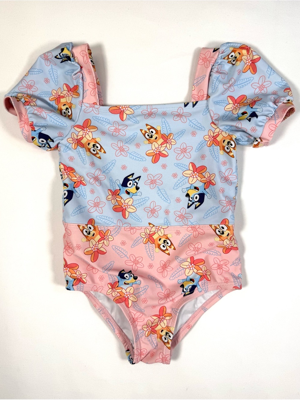 BLUEY Girls Floral Puff Sleeve Swimsuit One Piece 2T Tropical Beach Summer Kids